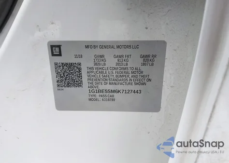 2019 Chevrolet Cruze Lt z USA, uszkodzony, nr VIN 1G1BE5SM6K7127443